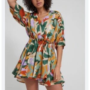 Abstract Floral Print Green & Orange Mini Dress